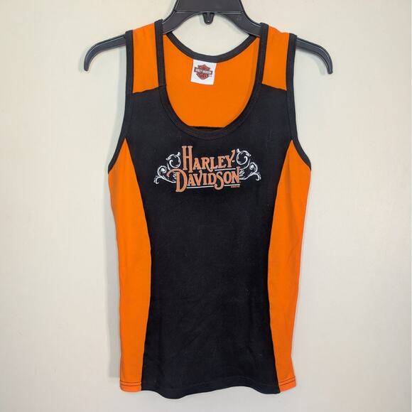 Vintage Harley Davidson Logo Muscle Tank London in Orange & Black, Size Medium - Picture 1 of 3